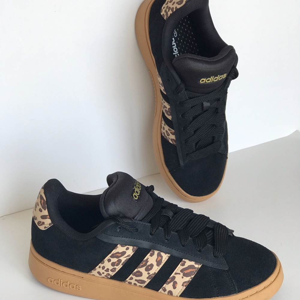 adidas Grand Court Alpha 00s Black Suede Leopard Cheetah Sneaker Women size 10
